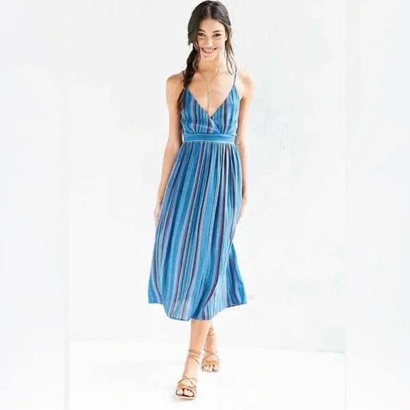 Ecote Dresses | Ecot Urban Outfitters Blue Striped Midi Dress Boho Beachy Ballet Wrap Straps 0 | Color: Blue/Red | Size: 0 | Tessbernick's Closet